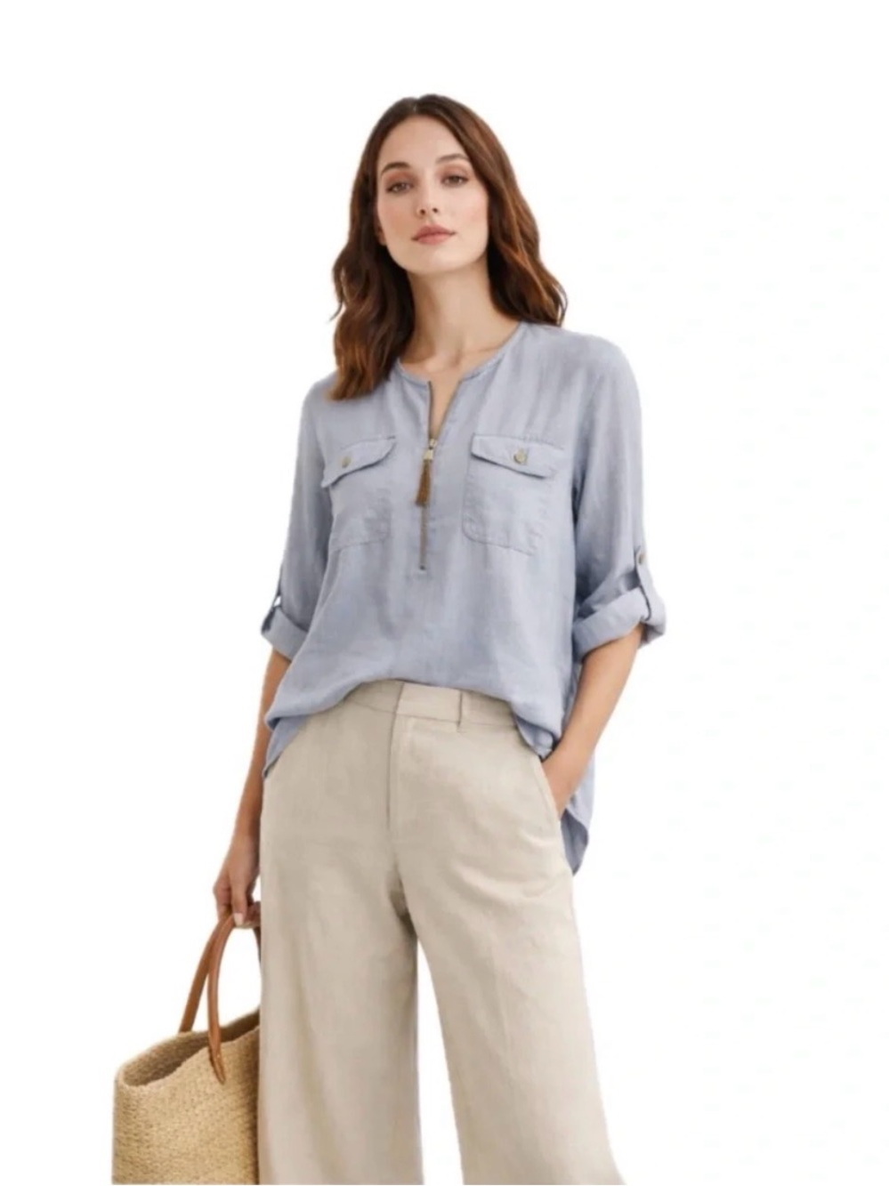 Ellen Tracy Linen Zip-Front Tunic Blouse